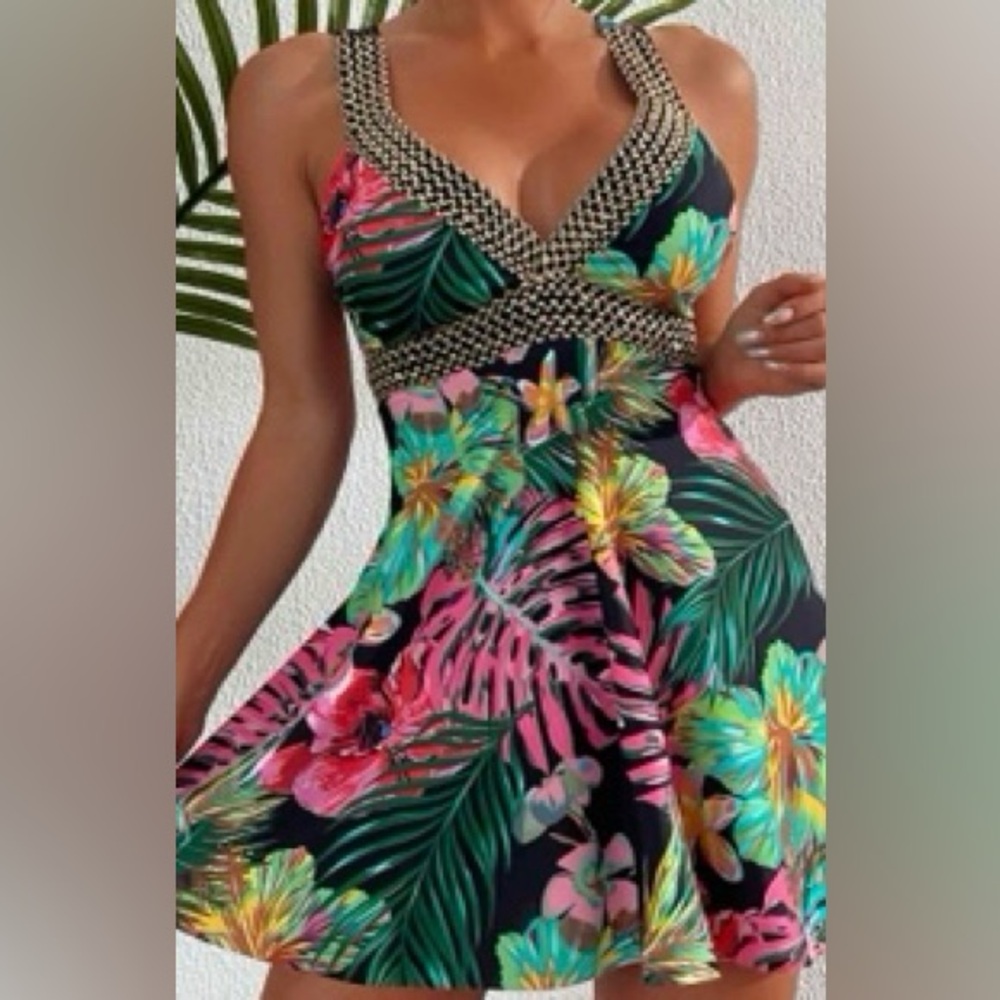 Tropical Floral Swim Dress with Chain Detail